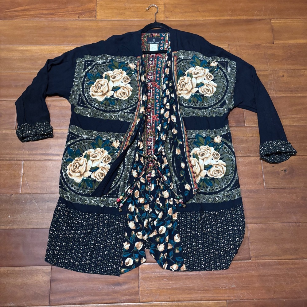 Carole Little Vintage 90s Mixed Floral Print Kimono Cardigan Beaded Ties:/ Sz 16